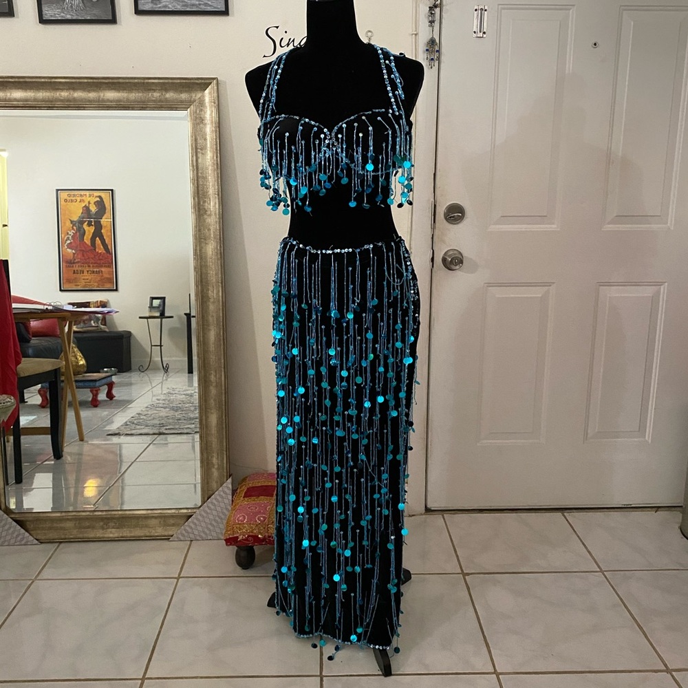 Black and blue belly dance two piece dress